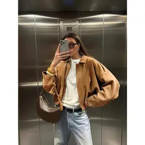 Women’s Vintage Casual Short Jacket – Olive Green Solid Color, Long Sleeves, Crew Neck, Machine Washable, Versatile Essential for Spring and Autumn (Coats & Tops)