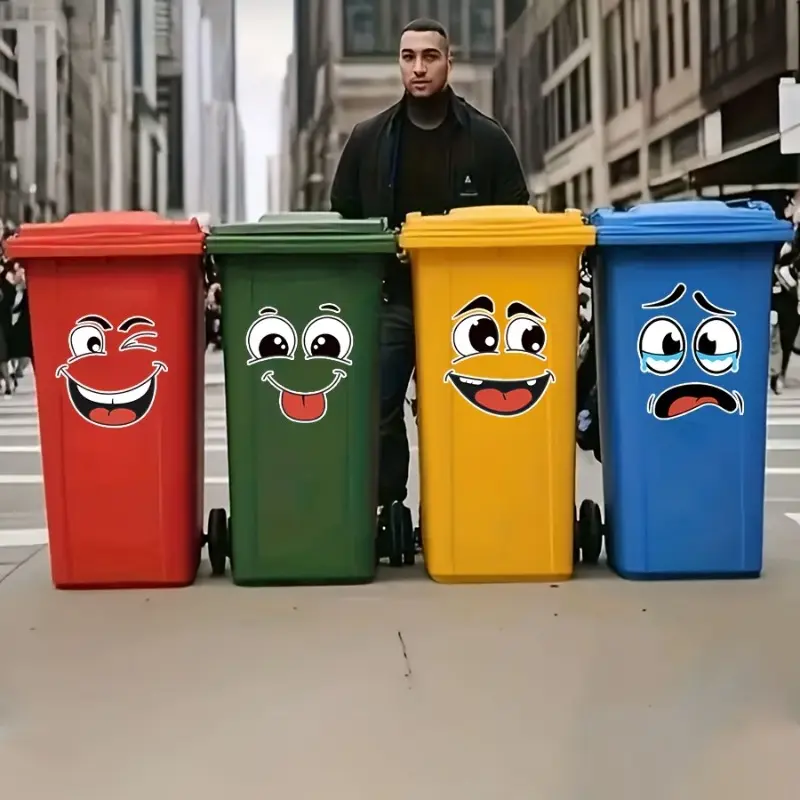 4 cartoon face stickers per set, Decal Sticker, self-adhesive, removable, suitable for trash cans, walls, toilet decorations, refrigerators, glossy surfaces, fun themed decorations, Creative Waste Bin, Bathroom Accessories
