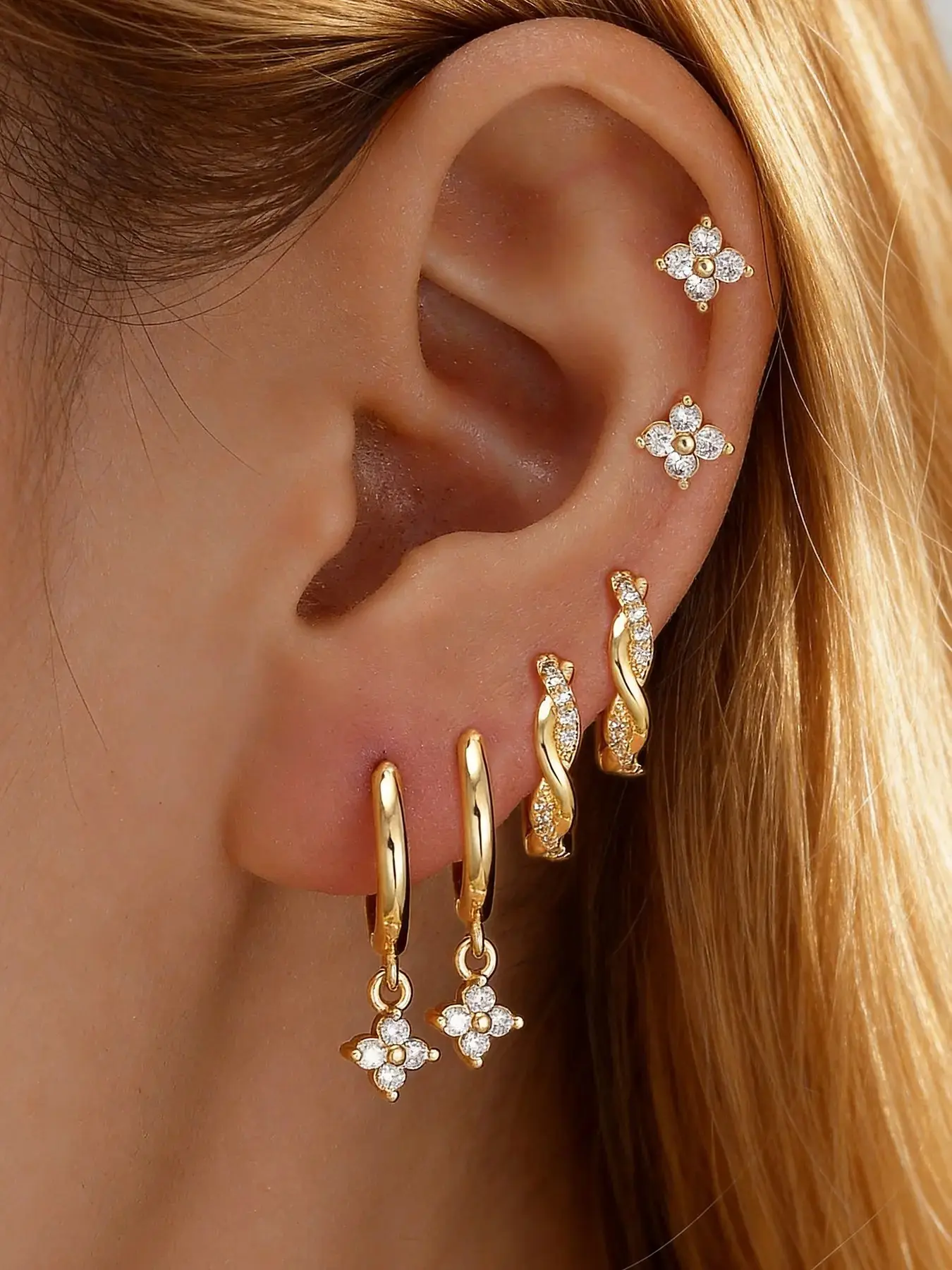 3 Pairs Elegant Geometric Flower Earrings Set, Copper Artificial Zircon, Daily Wear, Party, Wedding Gift for Women, Floral Stud Earrings, Earring Stacking Set