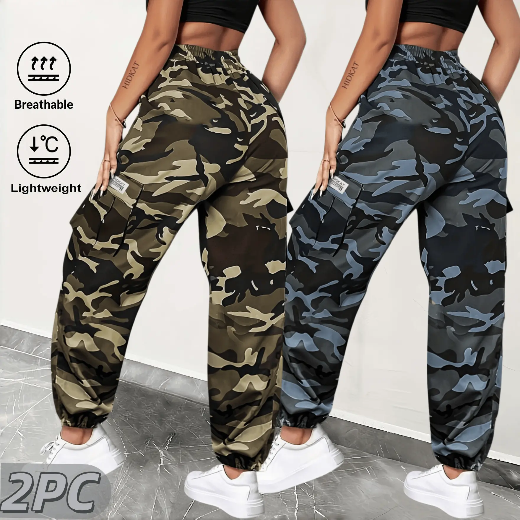 Women’s 2-piece camouflage workwear set: jogging pants and high-waisted elastic drawstring camouflage pants; lightweight street-style workwear pants with pockets.