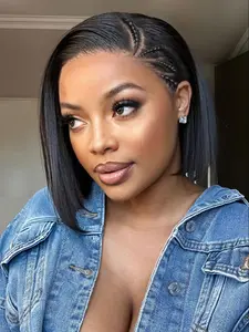 13*4 Lace Front Bob Wig with Braided Hair, Short Straight Bob Wig for Black Women, Gorgeous Fluffy Wigs, Human Hair Wigs for Party, Daily Use, Lace Braiding Wig