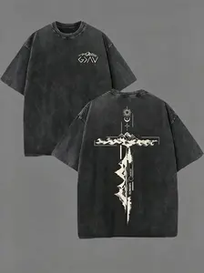 Unisex Vintage Washed God Is Greater Mountain Cross Double-Sided Print Round Neck Short-Sleeve Soft T-Shirt, Romans Bible Verse Christian Graphic Oversized Faith Streetwear Casual Top For Believers