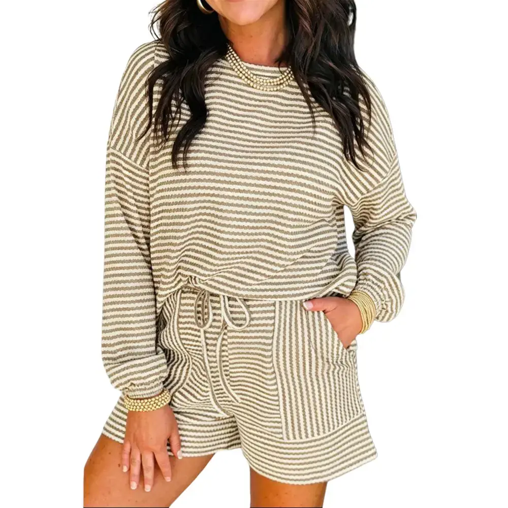 Encolax Women Striped Sweater Set Oversized Lounge Set Matching Casual Sets Knit Long Sleeve 2 Piece Shorts Fall Outfits