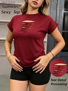 RECUITI  Women's Round Neck Short Sleeve Sexy T-Shirt Top, Summer, Chest Cutout Design, Ruched Sleeves, Fashionable for Streetwear, Music Festivals, Casual Wear