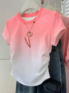 Sweet Cool Girl Style Gradient Tulip Short Sleeve T-Shirt, Round Neck, Side Ruched Design, Breathable, Casual Wear