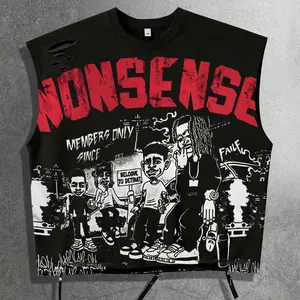 Unisex Fashion Hip Hop Music Festival Distressed Vest with Holes, Street Y2K Style Rapper Cartoon Character Print Sleeveless Top, Men's Summer American Retro Casual Vest, Oversize Streetwear, Sleeveless Graphic Vest