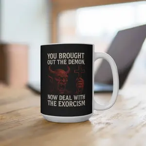 Funny Exorcism Mug, 15oz Devil Coffee Cup, Unique Gift for Halloween, Horror Lovers, Quirky Kitchen Decor, 80's humor, retro cup Ceramic Drinkware Classic Washable