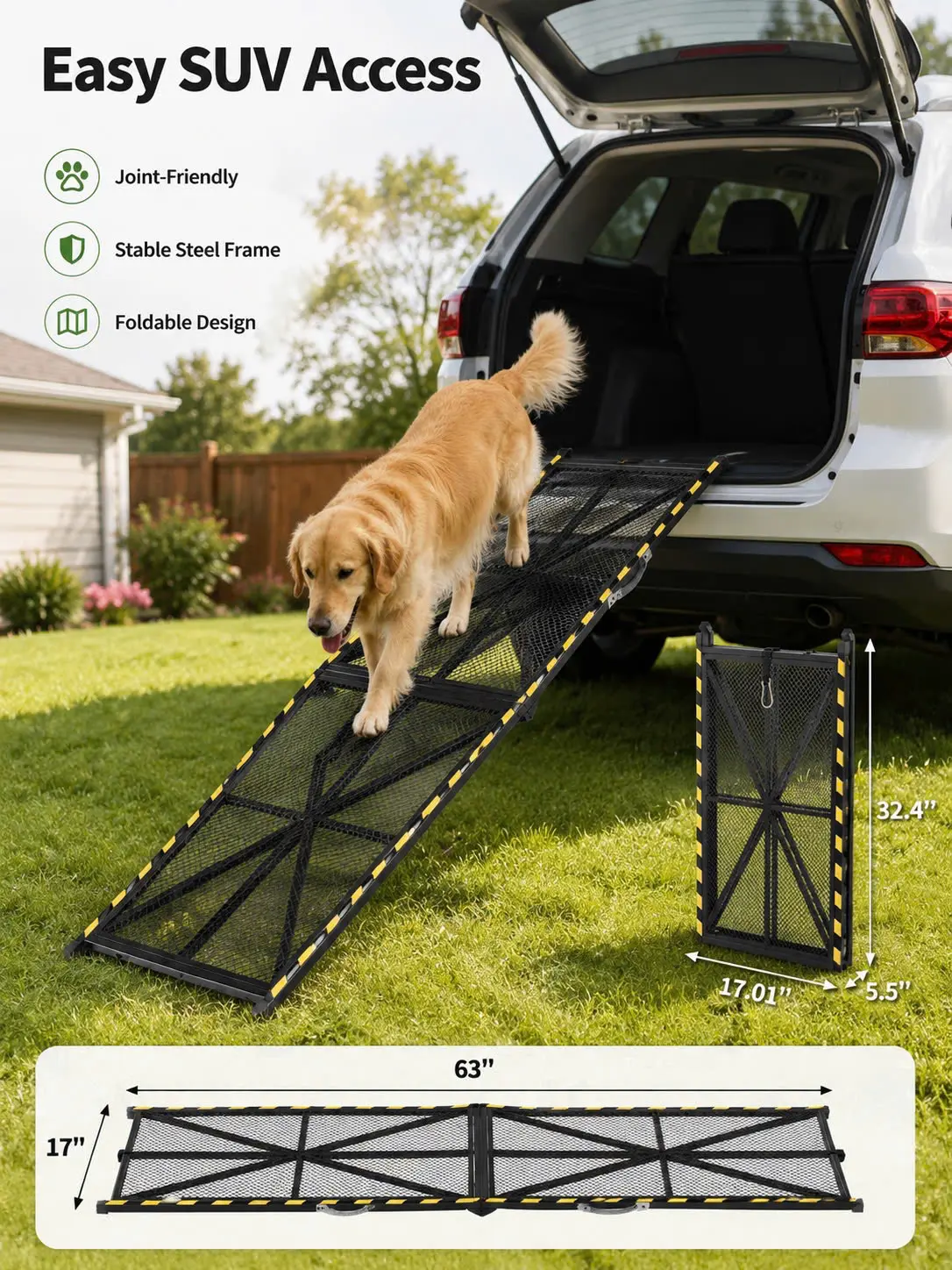 Heavy Duty Portable Steel Dog Ramp, 63x17” Folding Pet Ramp for Cars SUVs Trucks RVs, 300 lb Capacity