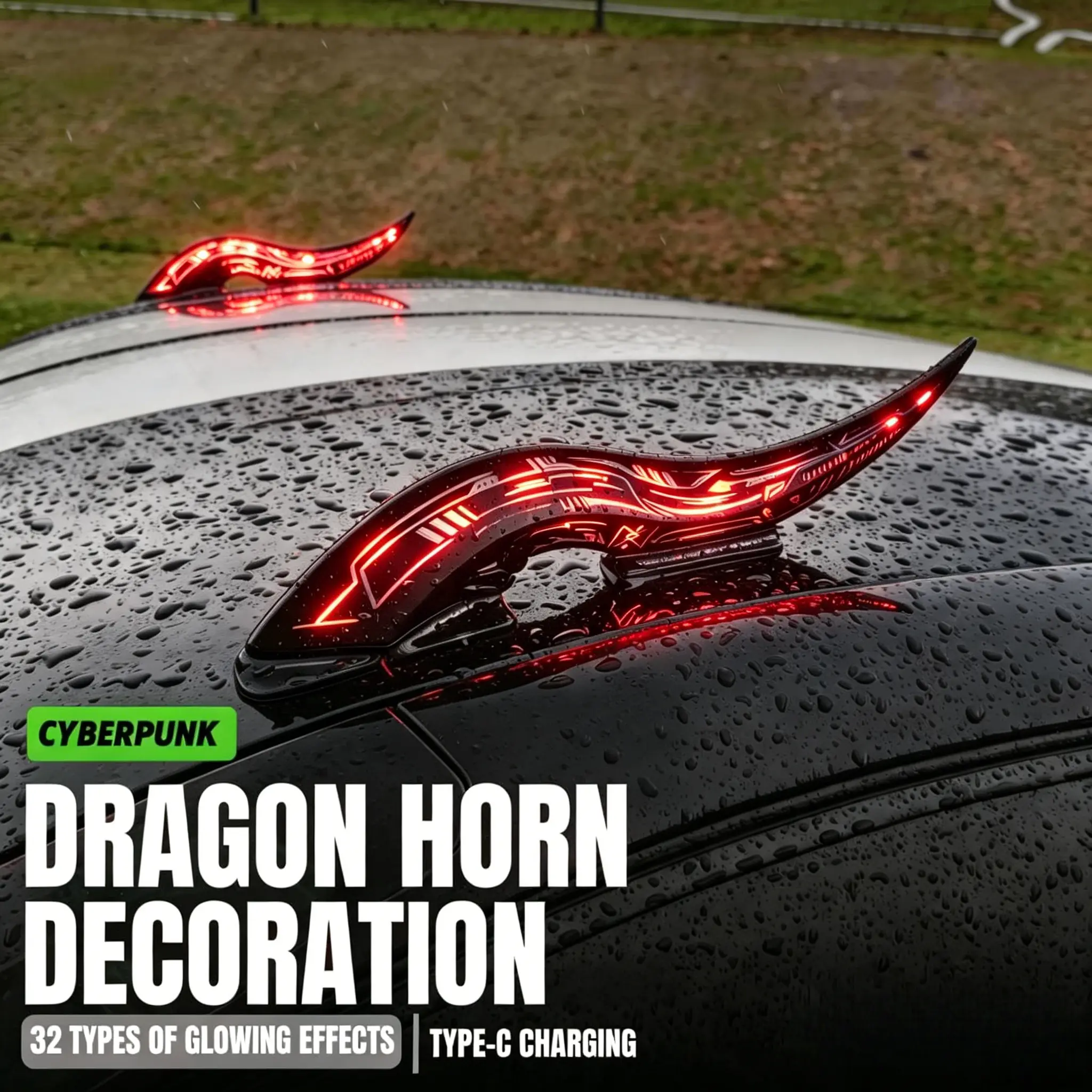 Pack of 2 Cyberpunk Dragon Horn Car Roof Decorations, 32 RGB Modes, 16H Battery, Peel-and-Stick, Detachable Base, Ideal for Night Drive Enhancements