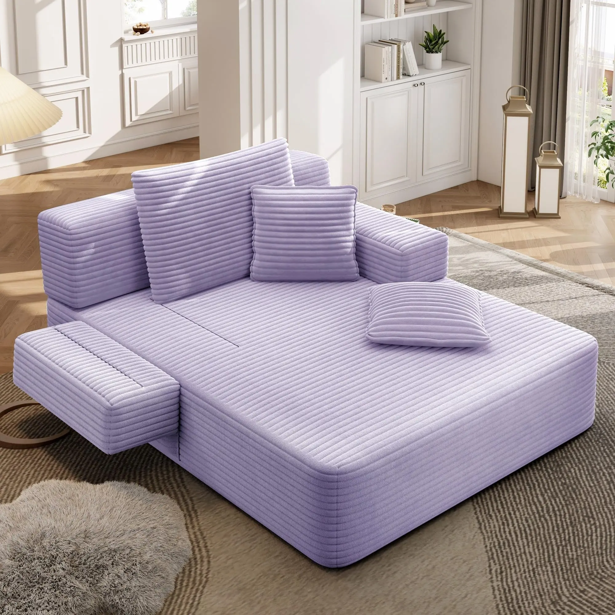 Oversized Convertible Boneless Chaise Lounge Sofa Bed, Corduroy Upholstered Deep Seat Cloud Couch with Side Pockets, No Assembly Indoor Reading Sleeper Chair for Living Room, Purple