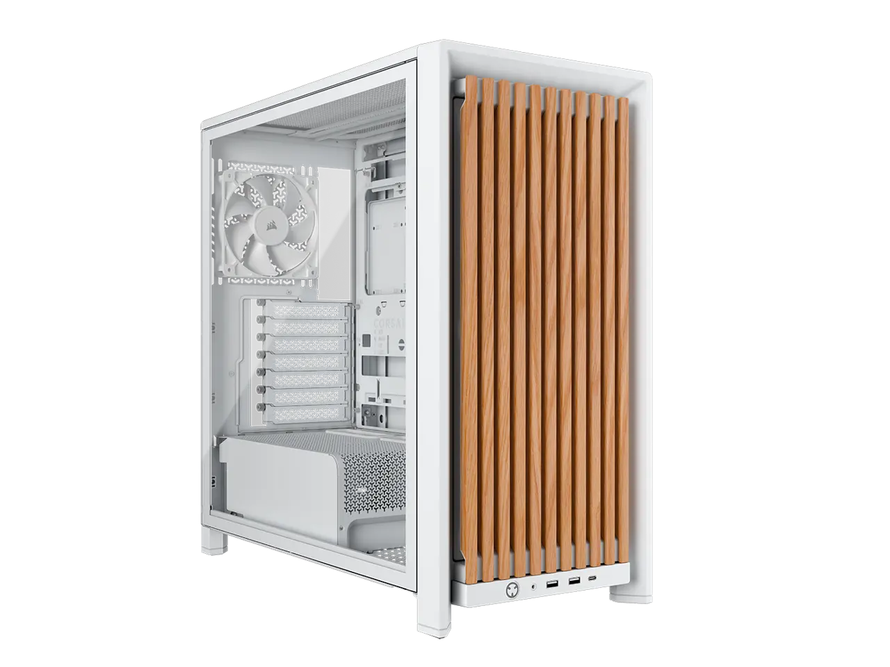 CORSAIR FRAME 4000D WOOD RS Modular High Airflow Mid-Tower PC Case, White & Oak. 3x 360mm Radiator Mounts. 4x RS120 PWM fans included - 13x 120mm fan mounts or 7x 140mm fans