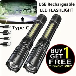 2PACKS High Lumens Rechargeable LED Flashlights Ultra-Bright Flashlights 5 Modes with COB Light Tactical Accessories Zoom-able Torch Handheld Digital Display Flashlight for Outdoor Fishing Survival Hunting Camping Gear And Equipment BLACK Accessories
