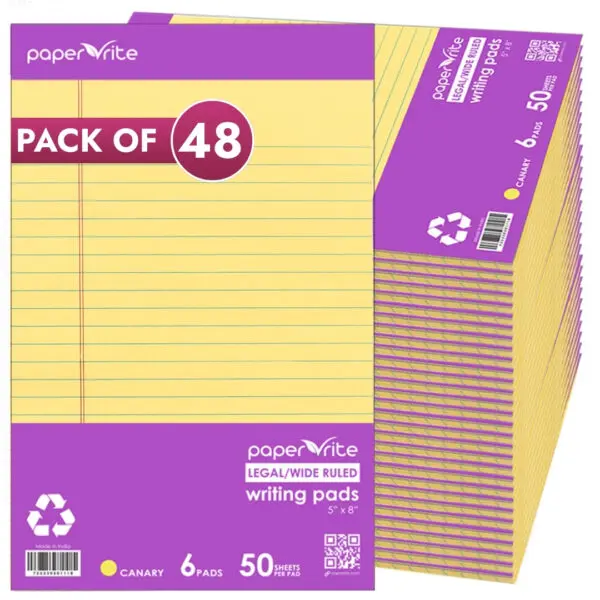 Paper Rite Canary Yellow Lined Writing Pads, 50 Sheets, 5x8 in, Premium, Pack of 48, Lined Paper