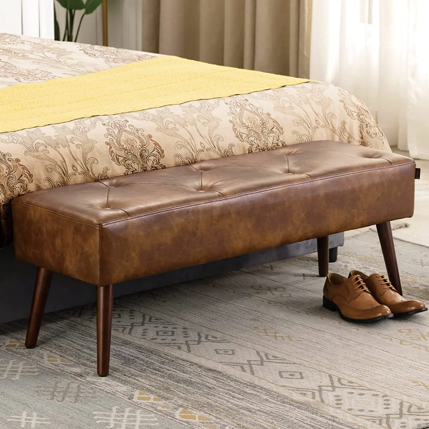 Furnimart Faux Leather Bench Ottoman, Tufted Button Bedroom Benches Solid Wood Legs, Dining Bench, Indoor Entryway Living Room Bedroom Piano Bench