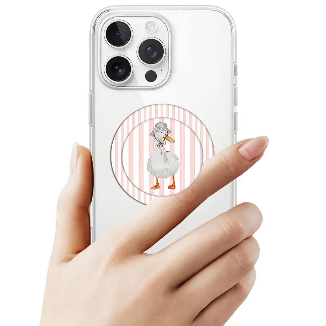 Mclaiwoodshop Cute Duck With A Hat On Soft Pink Stripe Magnetic Phone Grip MagSafe Phone Grip Cute Love Phone Holder Magnetic Pop Socket Phone Grip Popsocket