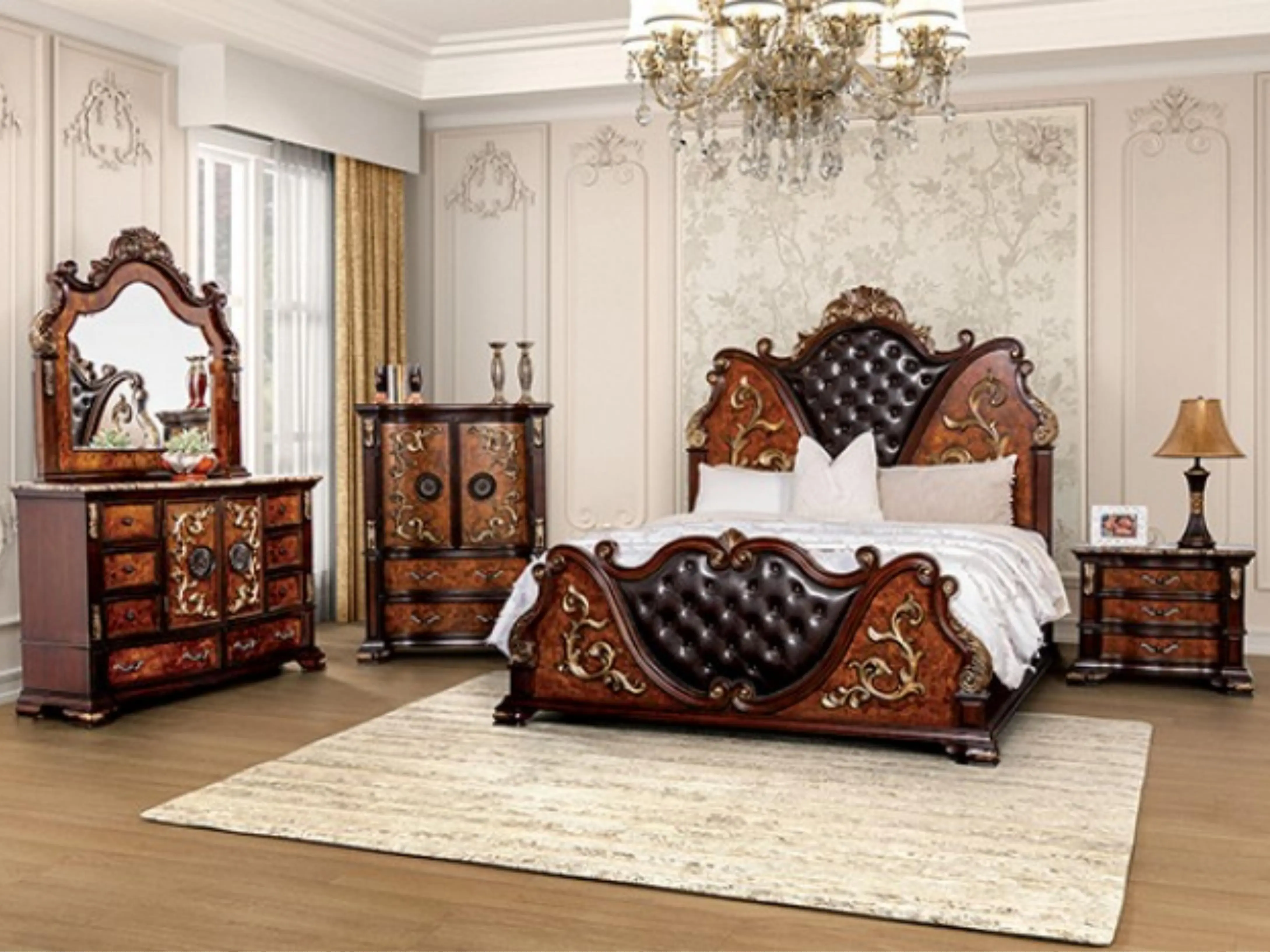 FM7422CH-4PC 4 pc Aquilina brown cherry finish wood tufted faux leather upholstered queen bedroom set Astoria grand