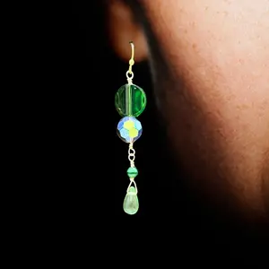Jewelry Designs by Brandy Frazier Handmade Beaded Wire Earrings with Gold Plated Findings in Chartreuse, Dark Green and Pale Green Glass Beads