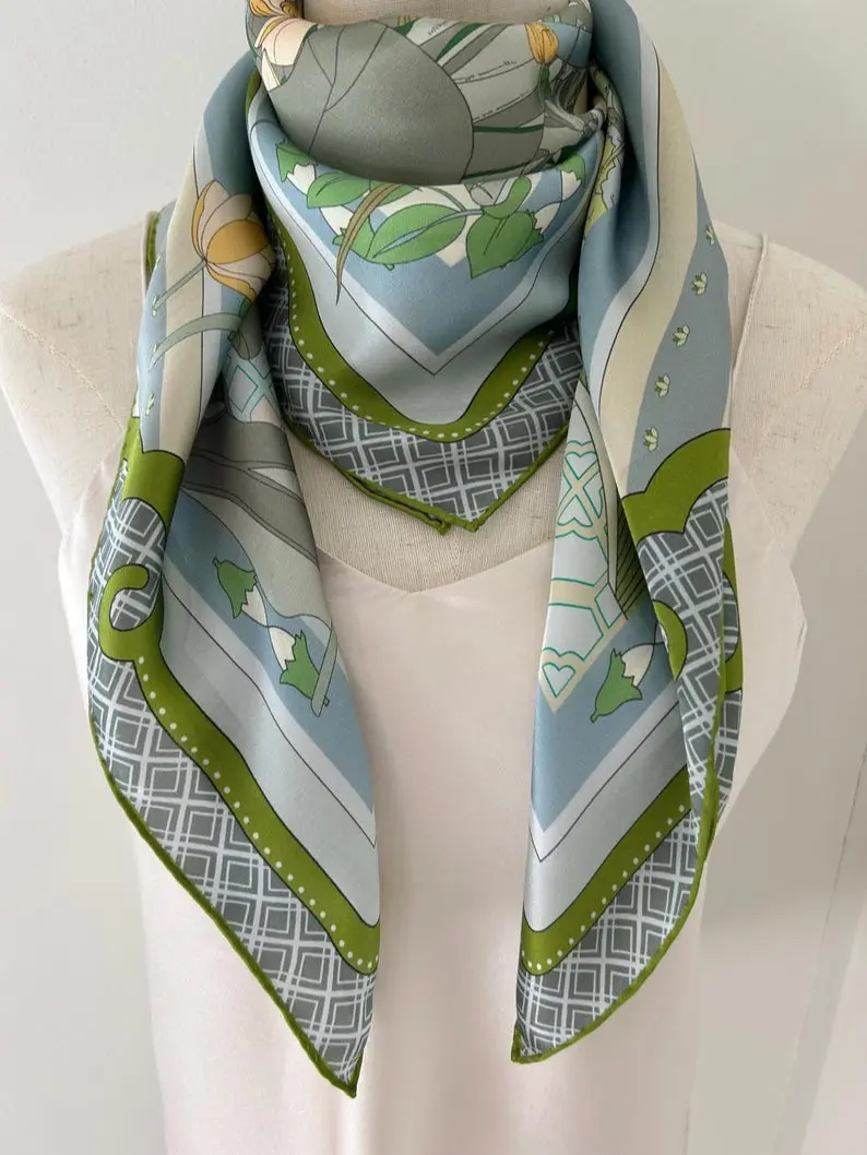 Mulberry Silk Scarf: West Lake Scenery, Green & Blue, 35 " Square Lightweight