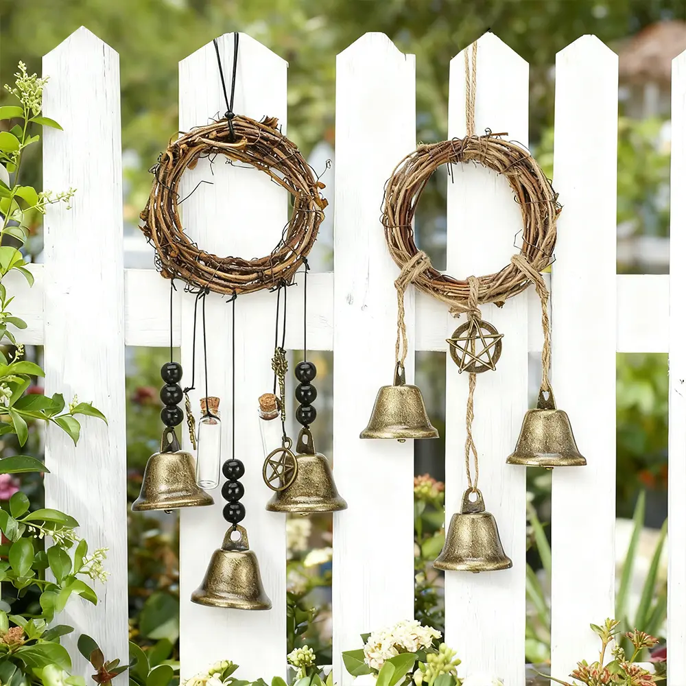 Handmade Rattan Classic Witch Bells - Rustic Bronze Hanging Door Decoration, Functional Home Wind Chimes, Door Handle Pendant, Gift Option