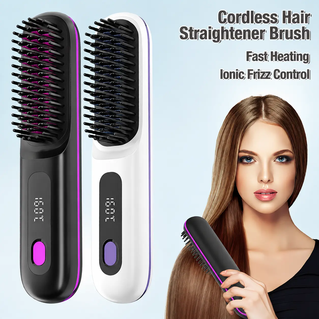 20M Negative Ions Anti-Frizz Cordless Hair Straightener Brush, 2-in-1 Portable Mini Hot Comb, USB Rechargeable Flat Iron for Travel