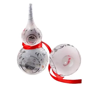 Crystal Glass Gourd Feng Shui Figurine, Bagua Pattern Hulu Statue for Wealth & Protection, Home Office Decor Ornament with Red Ribbon