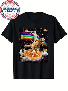 A Trendy Graphic Tee Featuring a Galaxy Laser Cat Riding a Dinosaur on a Pizza Topped with Tacos, Complete with a Rainbow Shirt Design.Perfect As a Gift, This Unisex Vintage-Style Shirt Is Soft, Breathable, And Casual