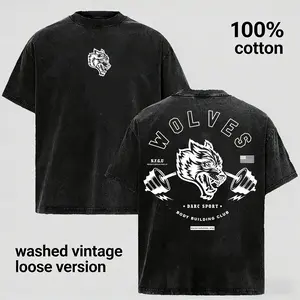 Wolves Bodybuilding Club Vintage Washed Oversized T-Shirt for Men Women, Old School Gym Graphic Tee, Heavyweight 100% Cotton Fitness Shirt, Strength Training Workout Tee, Unisex Streetwear Muscle Style Casual Top