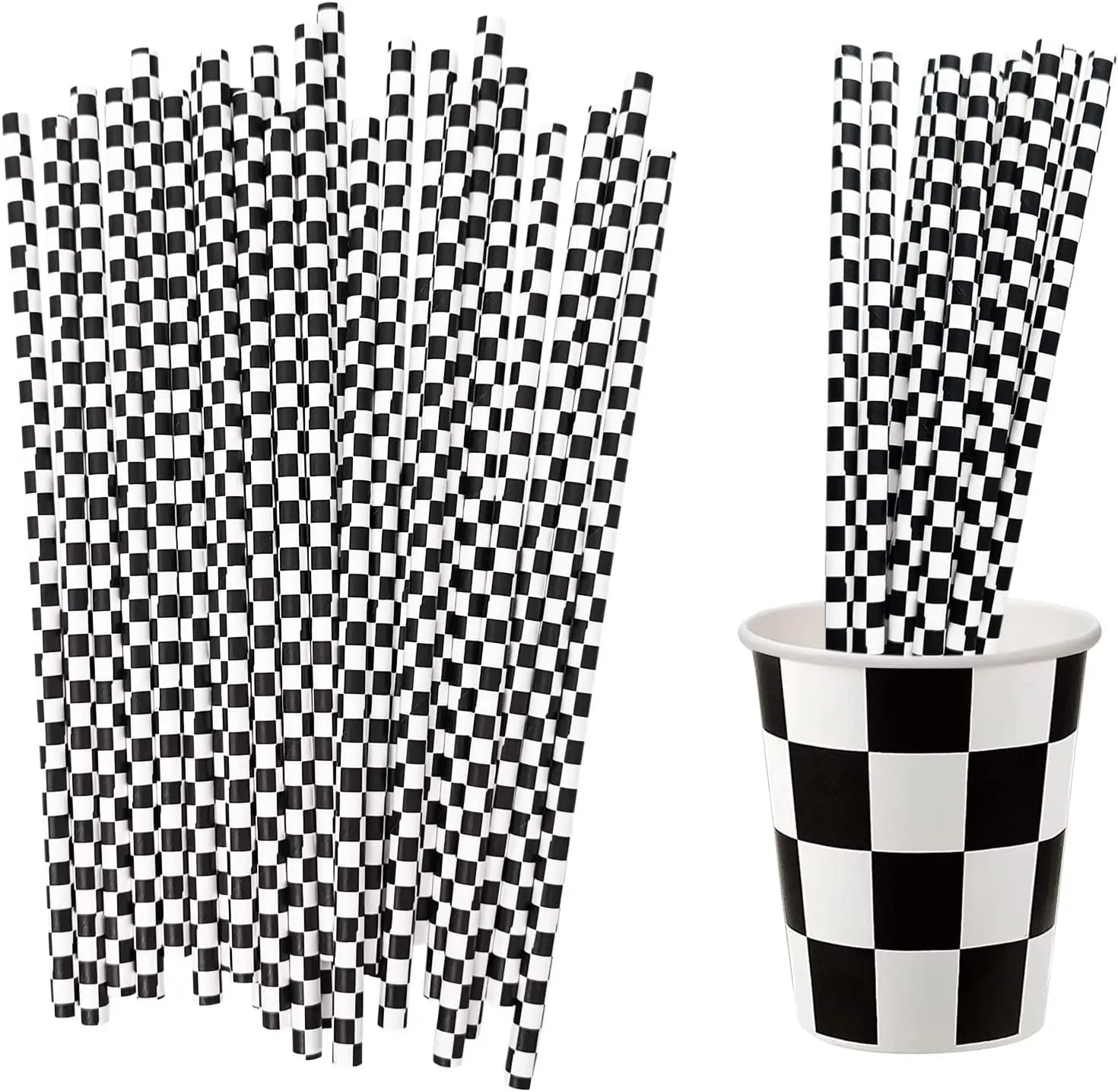 50 Pcs Checkered Flag Paper Straws Racing Car Straws Black and White Checkered Drinking Straws for Racing Birthday Party Decorations