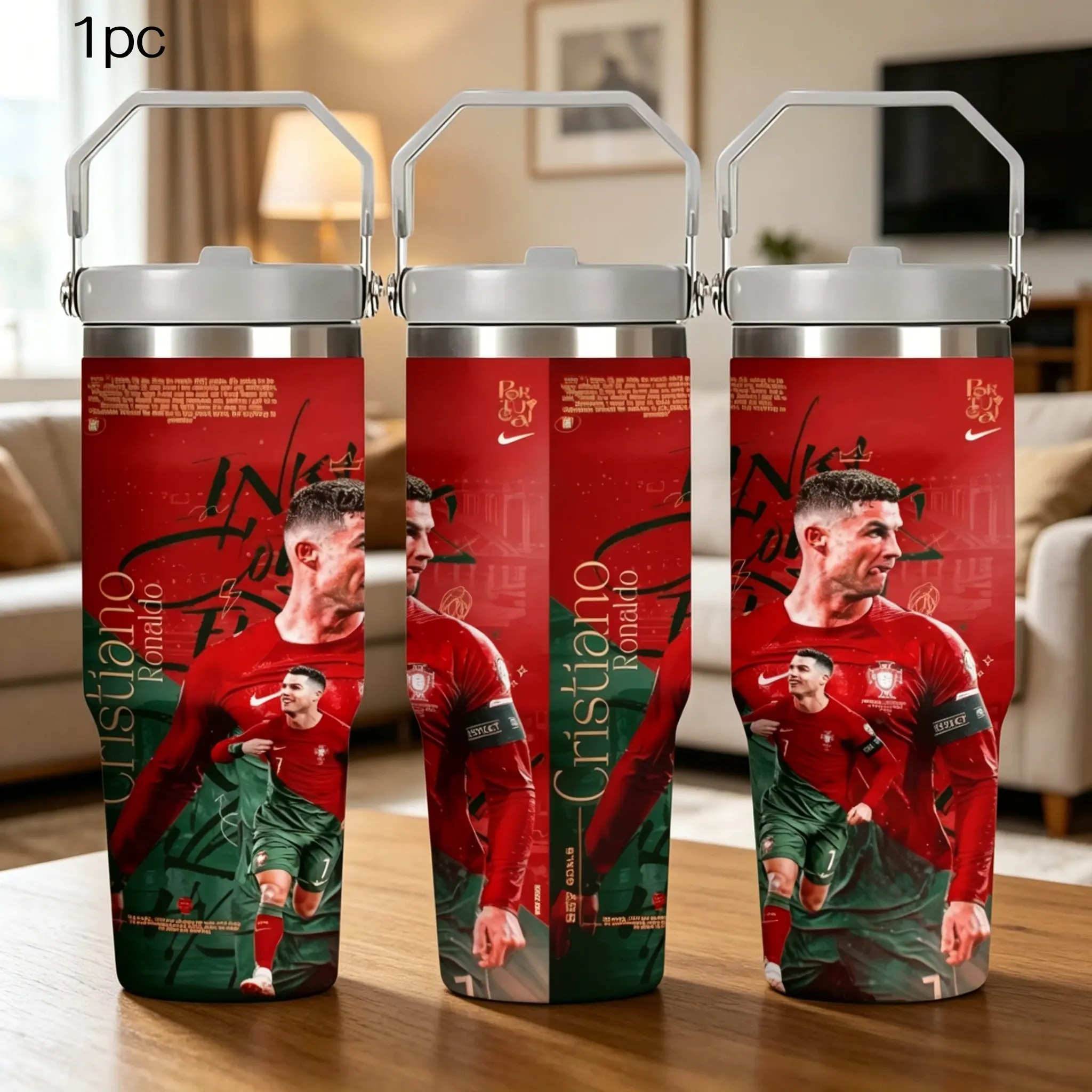 1pc 30oz Stainless Steel Insulated Mug Tumbler - Cristiano Ronaldo Dual-Style Fan Water Bottle | Real Madrid / Portugal - Choose One, Paying Tribute to the Legend. Features a handle and straw. Suitable for indoor and outdoor use. A perfect fan gift