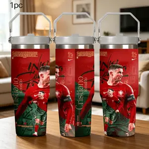 1pc 30oz Stainless Steel Insulated Mug - Cristiano Ronaldo Dual-Style Fan Water Bottle | Real Madrid / Portugal - Choose One, Paying Tribute to the Legend. Features a handle and straw. Suitable for indoor and outdoor use. A perfect fan gift