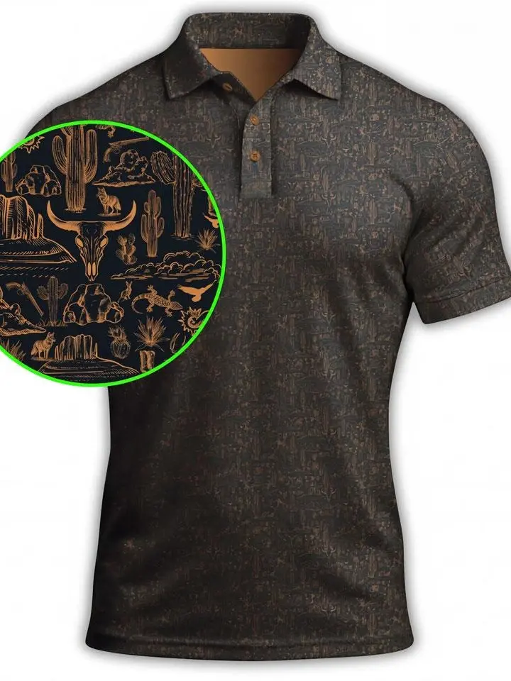 Black and Copper Desert Golf Polo Shirt Short Sleeve Outdoors Fishing Menswear Print Lightweight