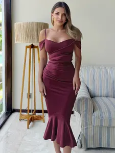 CurvySweet Women’s Drape Neck Midi Dress with Built-In Bra, Off Shoulder Straps & Ruffle Hem - 603