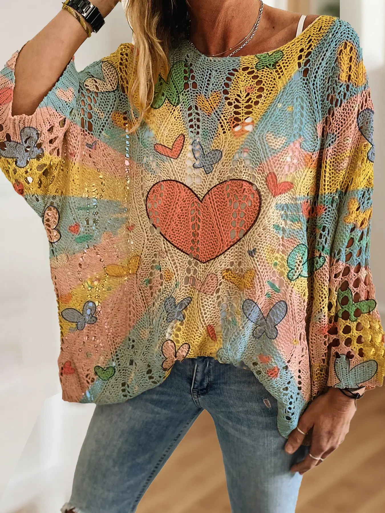 WomWomen's Geometric Color Block Abstract Butterfly Heart Print Knit Sweater, Casual Elegant Holiday Style Long Sleeve Top, Perfect for Valentine's Day and Spring Summer Autumn Outings