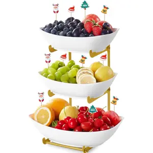 Plastic Fruit Bowl Basket for Kitchen Countertop, 3 Tier Fruit Holder with Gold Metal Stand, Serving Tray for Food, Vegetable, Cake, Dessert in Party