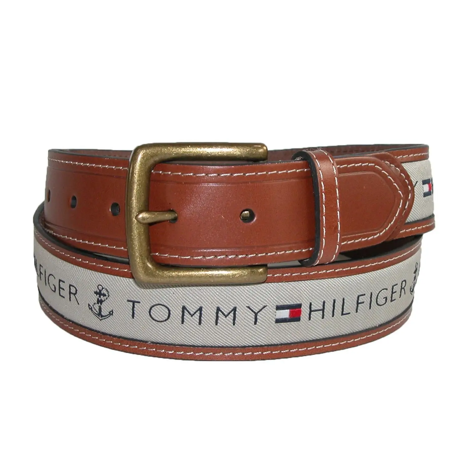 TOMMY HILFIGER Men's Casual Dress Leather Belt with Logo Anchor Print Cotton Inlay and Antiqued Brass Buckle, Casual Dress Belt, Durable Belts