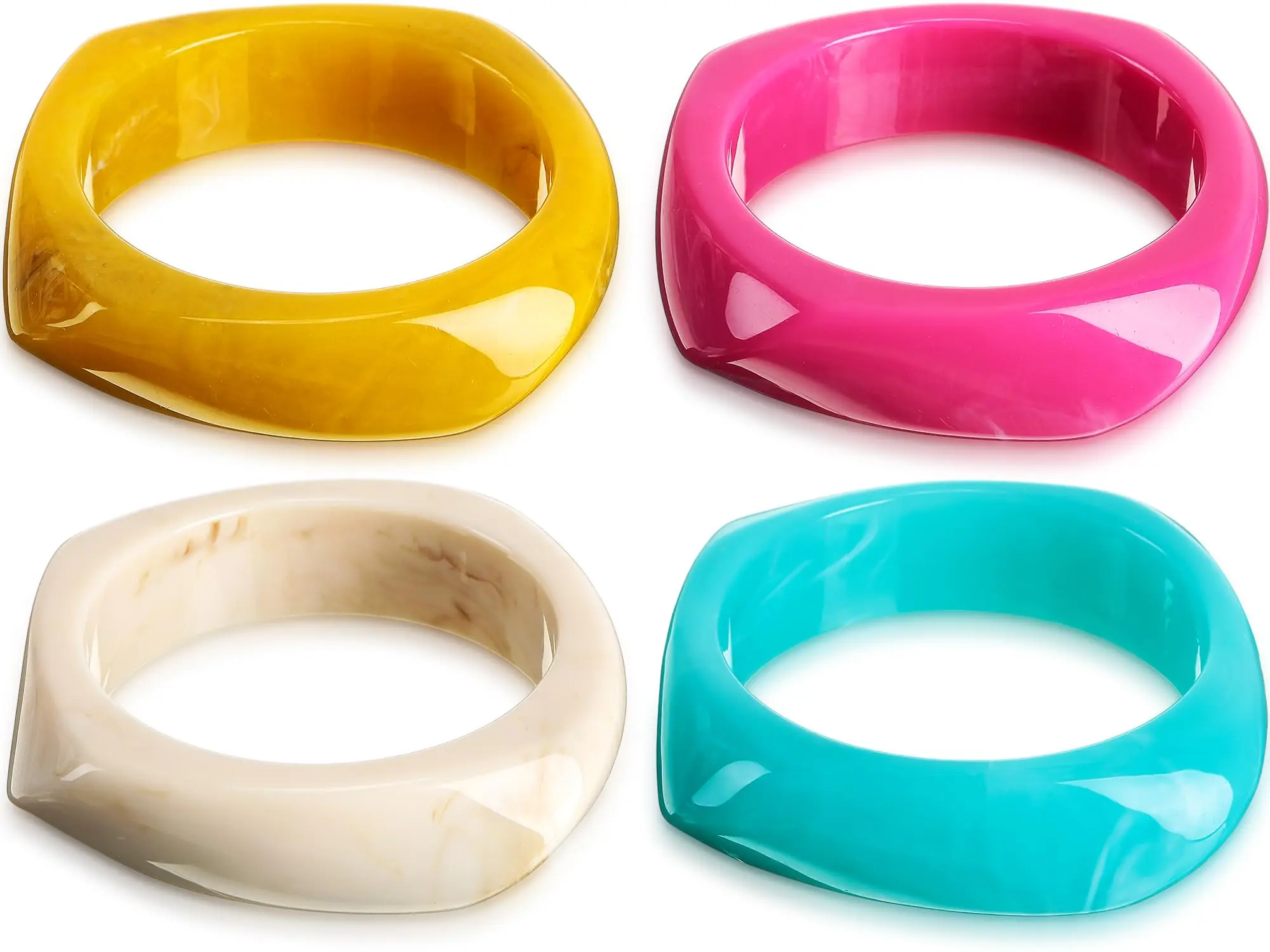[Summervibes] 4 Pcs Colorful Square Acrylic Resin Bangle Bracelet Set,Wide Geometric Irregular Wristbands for Women Ladies Girls,Christmas Party Gifts,Hand Tools Kits