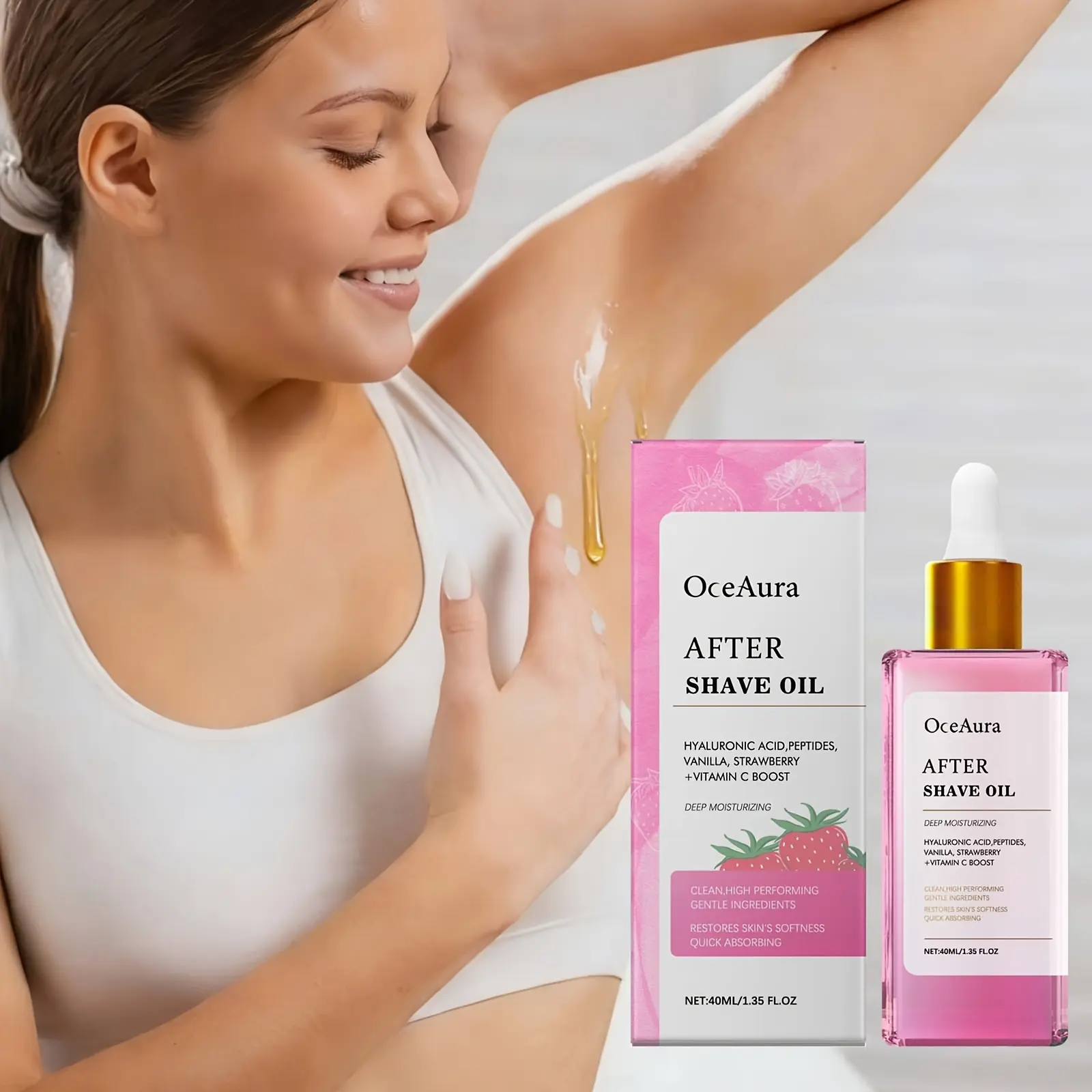 Strawberry flavored hair removal after shaving essential oil, containing hyaluronic acid, vanilla and strawberry extracts, the texture is light and non-irritating, and the deep skin locks in moisture and is delicate