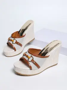 Women's Summer Colorblock Bamboo buckle  Knit Mesh Breathable Boho Style Wedge Sandals, Slip-On Round Toe Open Toe Comfort Thick Sole High Heels, Anti-Slip Sole Wedge Shoes