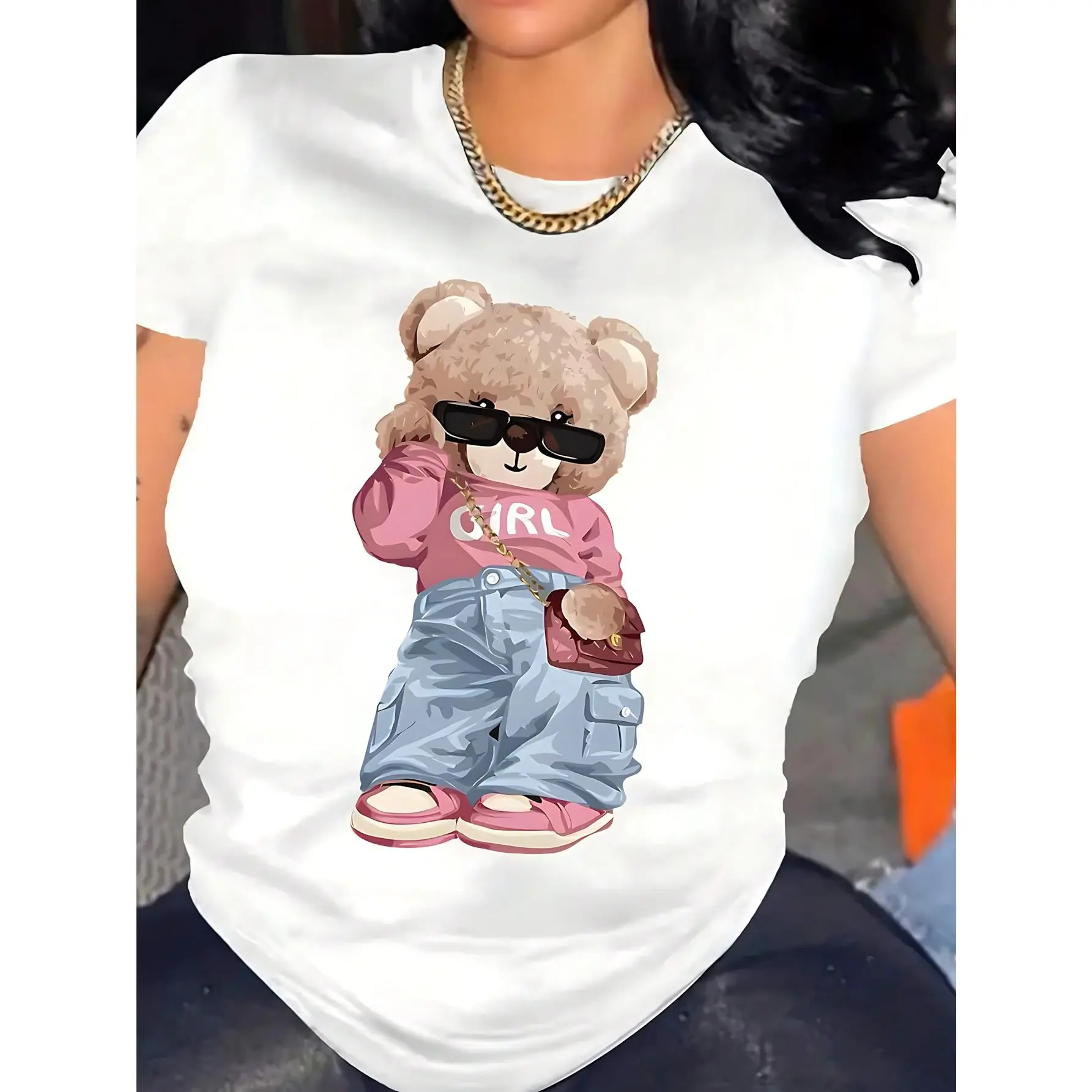 Women's Plus Size T-Shirt with Teddy Bear Graphic, Casual Round Neck Streetwear Top in Soft Stretch Polyester Blend for Easter & Thanksgiving, Tshirt, Elegant, Shortsleeve, Fitted, Valentines Day, Street Wear, Lightweight, Graphical Print, Short Sleeve, F
