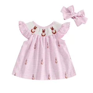 Kids Infant Toddler Baby Girl Easter Dress Rabbit Embroidery Plaid Print Fly Sleeve A-line Princess Dress with Headband Summer clothes