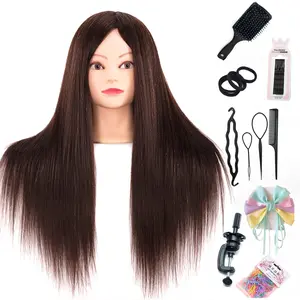 Mannequin Head with 60% Real Hair, Hairdresser Practice Training Head Cosmetology Manikin Doll Head with 9 Tools and Desktop Stand, Air Cushion Comb,Makeup On (Brown)