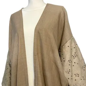Beige Open Abaya with Embroidered Cutwork Sleeves