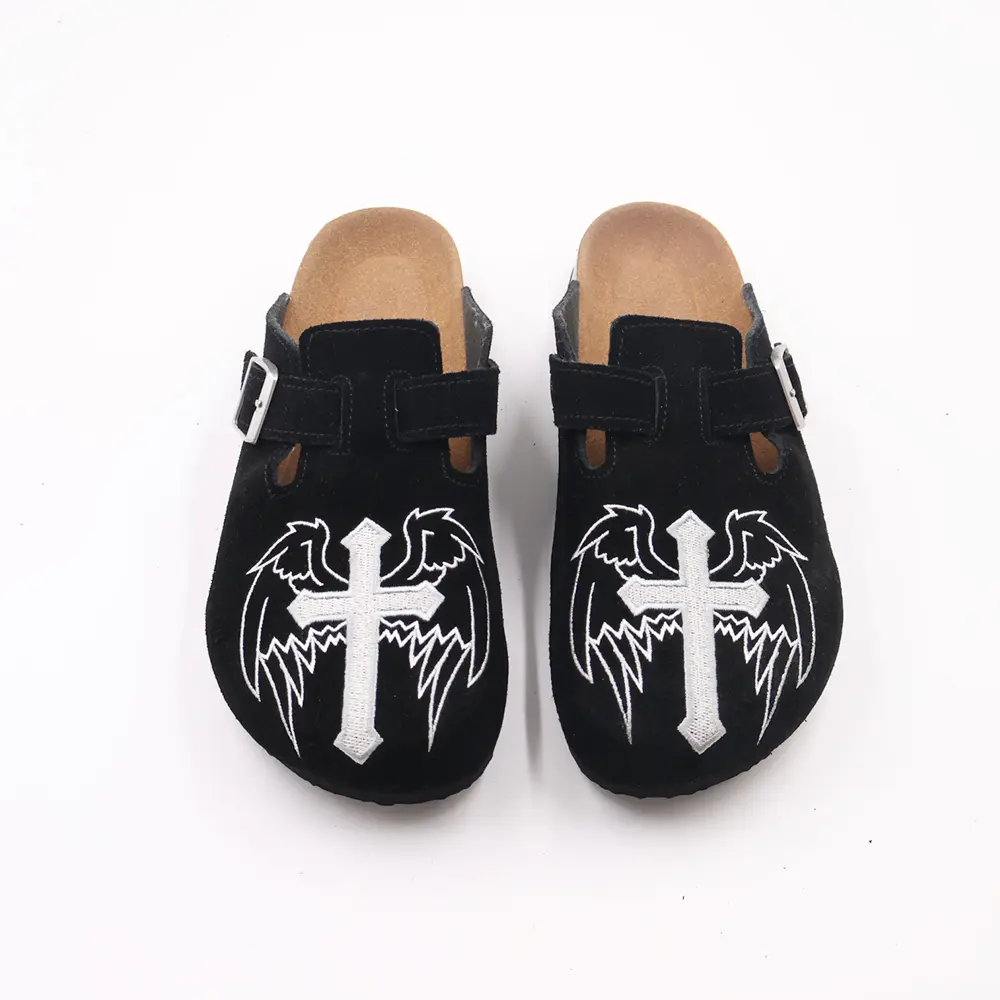 Gothic Cross & Wing Embroidered Black Clogs - Boston Style Cork Footbed Slides for Men slip-on mules