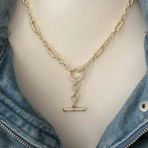Set the Bar 14k Gold Plated Pave Bar Necklace with Elegant Chain Design and Sparkling Pave Stones