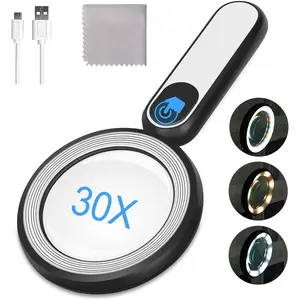 Rechargeable Magnifying Glass with Light 30X 4.7IN Handheld Large Lightweight 21 LED 3 Modes Illuminated Magnifier for Seniors Reading Inspection Coin Jewelry Ideal Christmas Gift