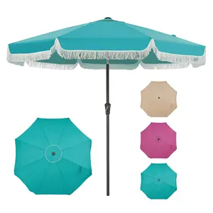 10FT Fringe Patio Umbrella with Crank Handle, Push Button Tilt for Sun Shade, 8 Fiberglass Ribs, 1.5"d Premium Steel Pole, Outdoor Large Tassel Umbrella for Patio Beach Pool Backyard