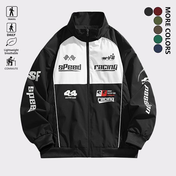 Men's Fashion Racing Graphic Stand Collar Jacket, Lightweight Windproof Outdoor Casual Bomber Jacket, Trendy Color Block Retro Streetwear for Spring/Fall Daily Activities