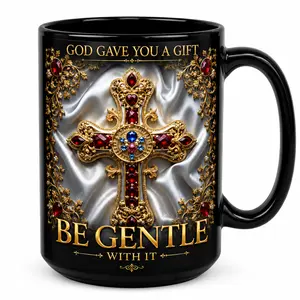 Christian Faith Cross Printed Black Glossy Ceramic Mug - 11oz/15oz Beverage Drink Cup with "God Gave You A Gift Be Gentle With It" Design, Women's Kitchenware Gift