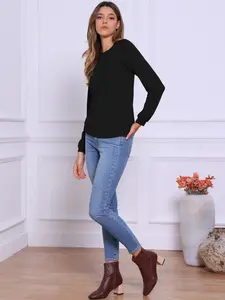 INSPIRE CHIC Women's Smart Work Top Long Sleeve Pleated Trim Dressy Crew Neck Business Tunic Blouses