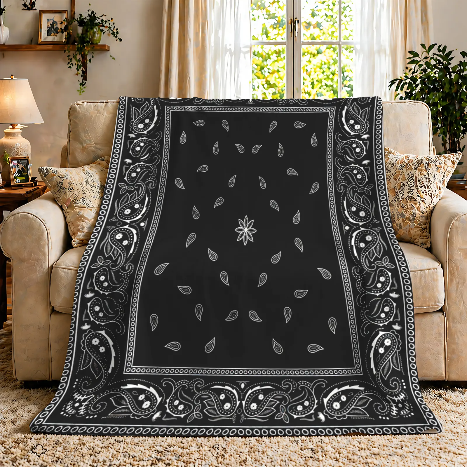 Paisley Boho Bandana Flannel Blanket - Black-White, Soft Cozy Warm, Vintage Design, Wrinkle Resistant, Multi-Size 30x40 to 60x80 Inches, 30x40Inch Small for Babies, 60x50Inch Medium for Teens, Bedroom Decor Gift for Friends